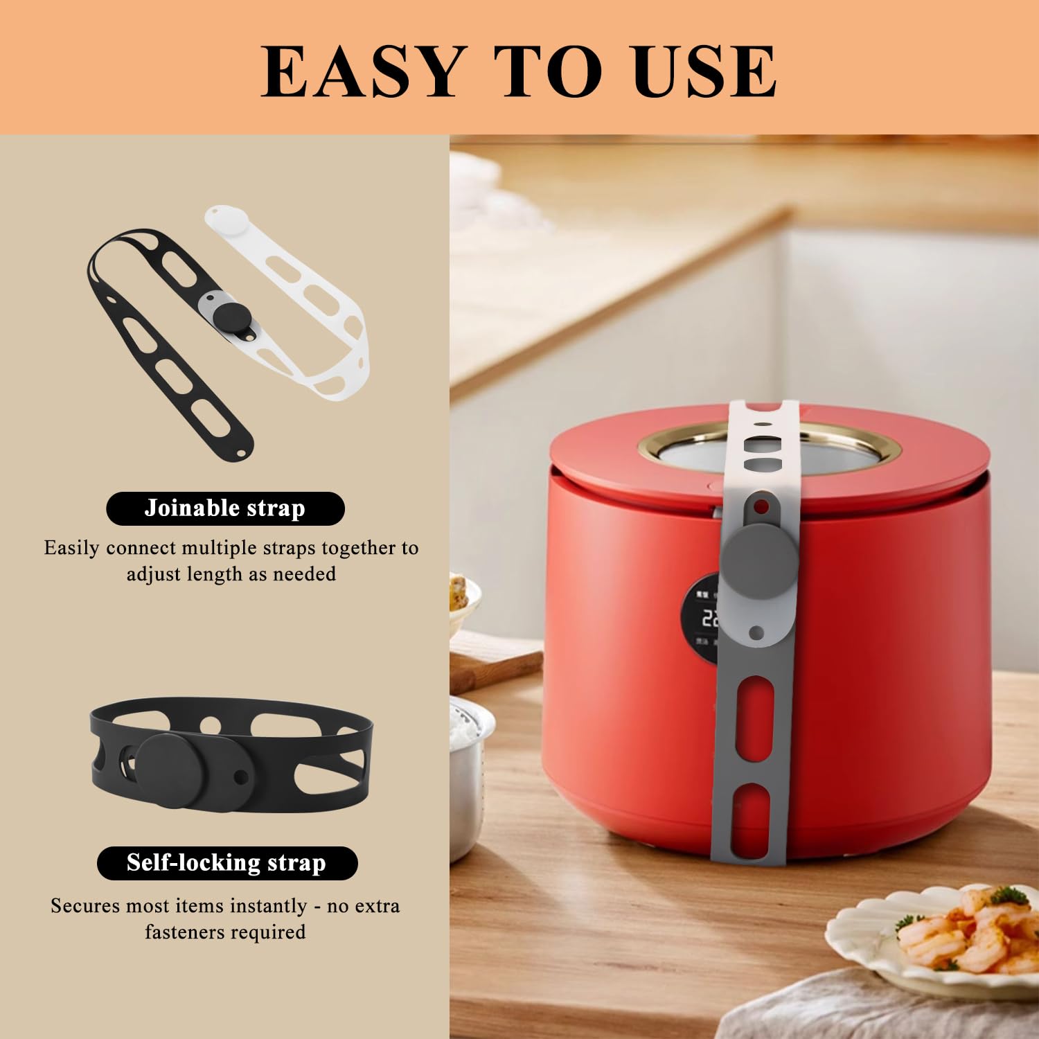 3-Pack Silicone Latch Strap for Slow Cooker Lid, Pot, Bento Box, Adjustable Length and Reusable Elastic Self-Lock Silicone Tie for Bundling or Organizing Curtain, Cords, Yoga Mat, Camping Mat (21 in)