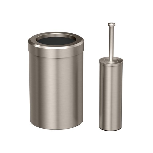 Gatco Small Bathroom Trash Can with Lid and Toilet Brush Set, Round 3 Gallon Stainless Steel Wastebasket, Under Sink, Satin Nickel, for Bathroom, Bedroom, Office (2976)