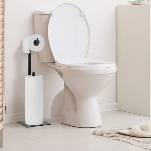 Black Toilet Paper Holder Stand - Free Standing Tissue Roll Dispenser for Farmhouse Bathroom