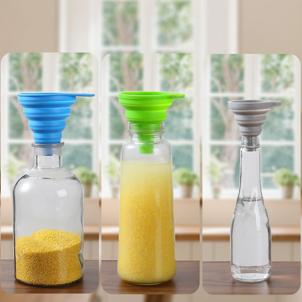 Skiennix Silicone Collapsible Funnels - 6 Pack Kitchen Set for Easy Filling | 3 Small & 3 Large, Food Grade