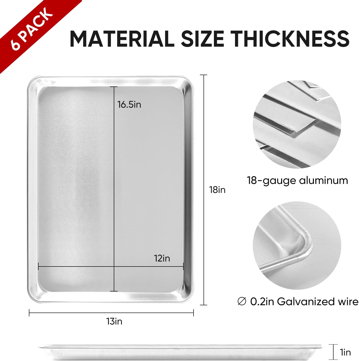 TENUP Aluminum Half Sheet Pan - Heavy Duty 18" x 13" Baking Tray with Reinforced Rim, Warp-Resistant & Rust-Free