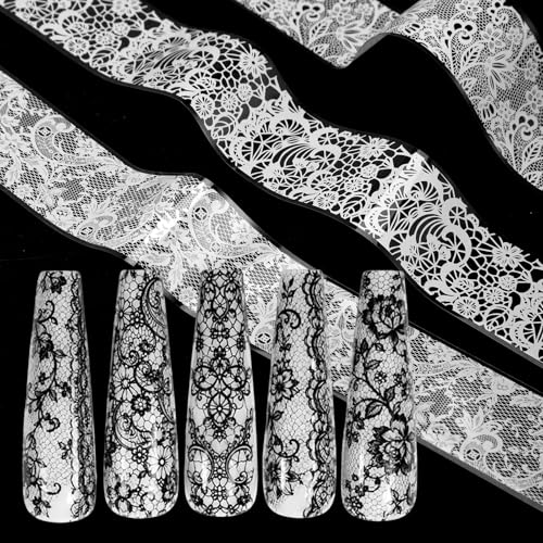JJUNW 20 Rolls Lace Nail Foil Set - Black and White Flower Nail Art Transfer Decals for DIY Acrylic Gel Manicures