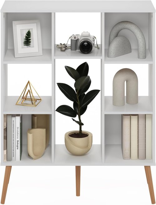 Furinno Claude Mid Century Book Shelf - 8-Cube Storage Organizer with Wood Legs | White, 10.9 x 31.5 x 39.3