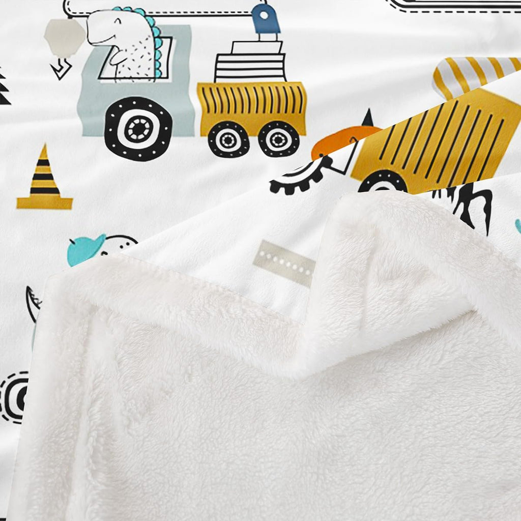 Construction Sherpa Blanket 40"x50" Equipment Trucks Fleece Throw for Kids Boys Girls Decor Dinosaur Plush 3D Digital Print Yellow Fuzzy Bedroom