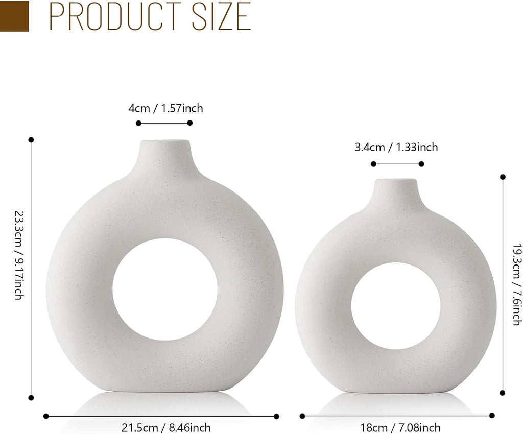 Skiennix White Ceramic Vases - Modern Round Pampas Grass Decor | Set of 2 for Minimalist Home & Office