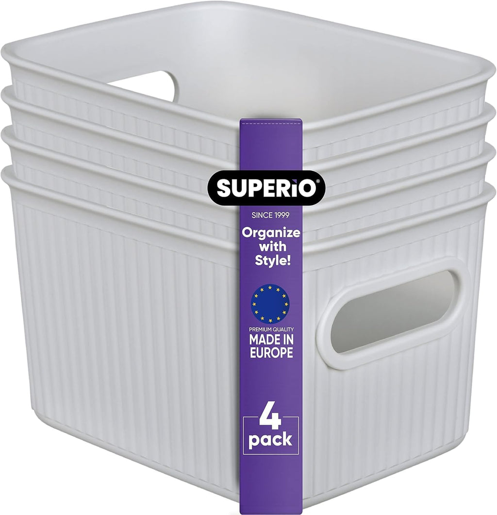 Ribbed Collection Decorative Plastic Storage Bins - Small White Smoke Organizer (4 Pack) for Closet & Drawer