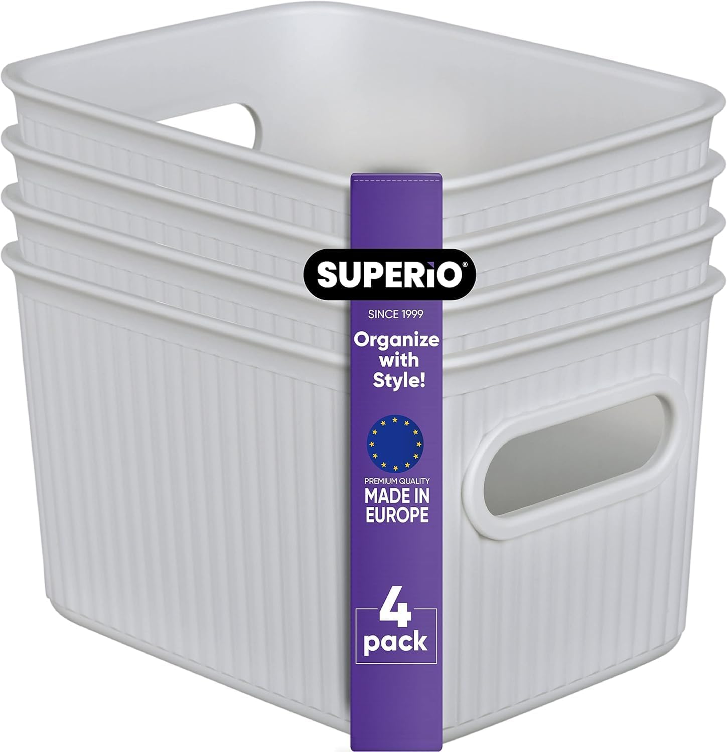 Ribbed Collection Decorative Plastic Storage Bins - Small White Smoke Organizer (4 Pack) for Closet & Drawer