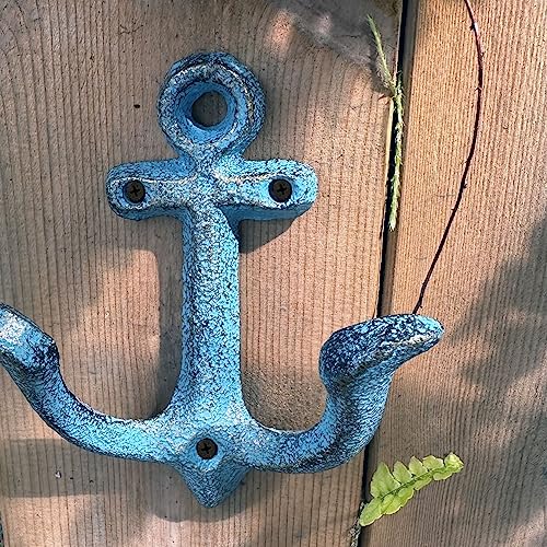 KiaoTime Blue Nautical Anchor Wall Hook - Rustic Cast Iron Coat Rack