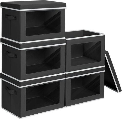Homsorout Storage Boxes - 5 Pack Foldable Clear Window Bins with Handles | Large Black Storage Containers for Clothes, Towels, and Blankets