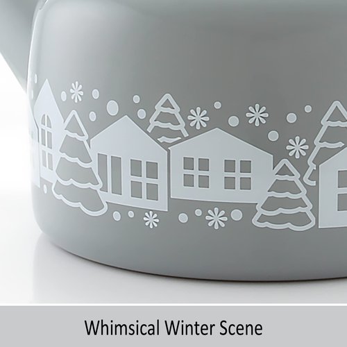 Chantal SVEN "Mountain Village" Enamel-on-Steel Whistling Teakettle, 1.4 quart, Fog Grey with White Decal