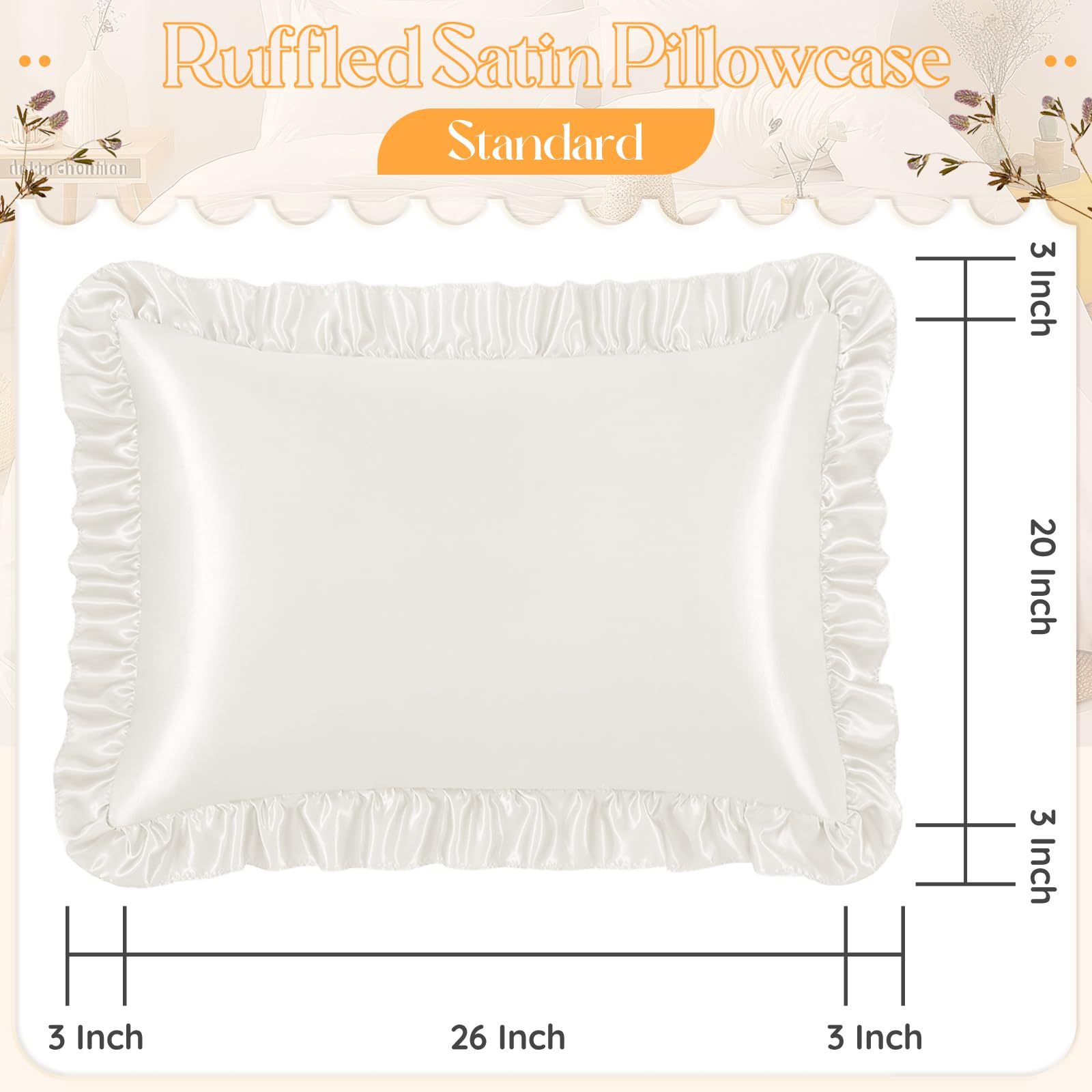 NSGZ Ruffled Satin Pillowcase Set of 2, Standard Size Silky Pillow Shams for Hair and Skin Care, Ivory White Satin Pillow Covers with Envelope Closure, Anti Wrinkle Pillow Cases for Classic Room Decor