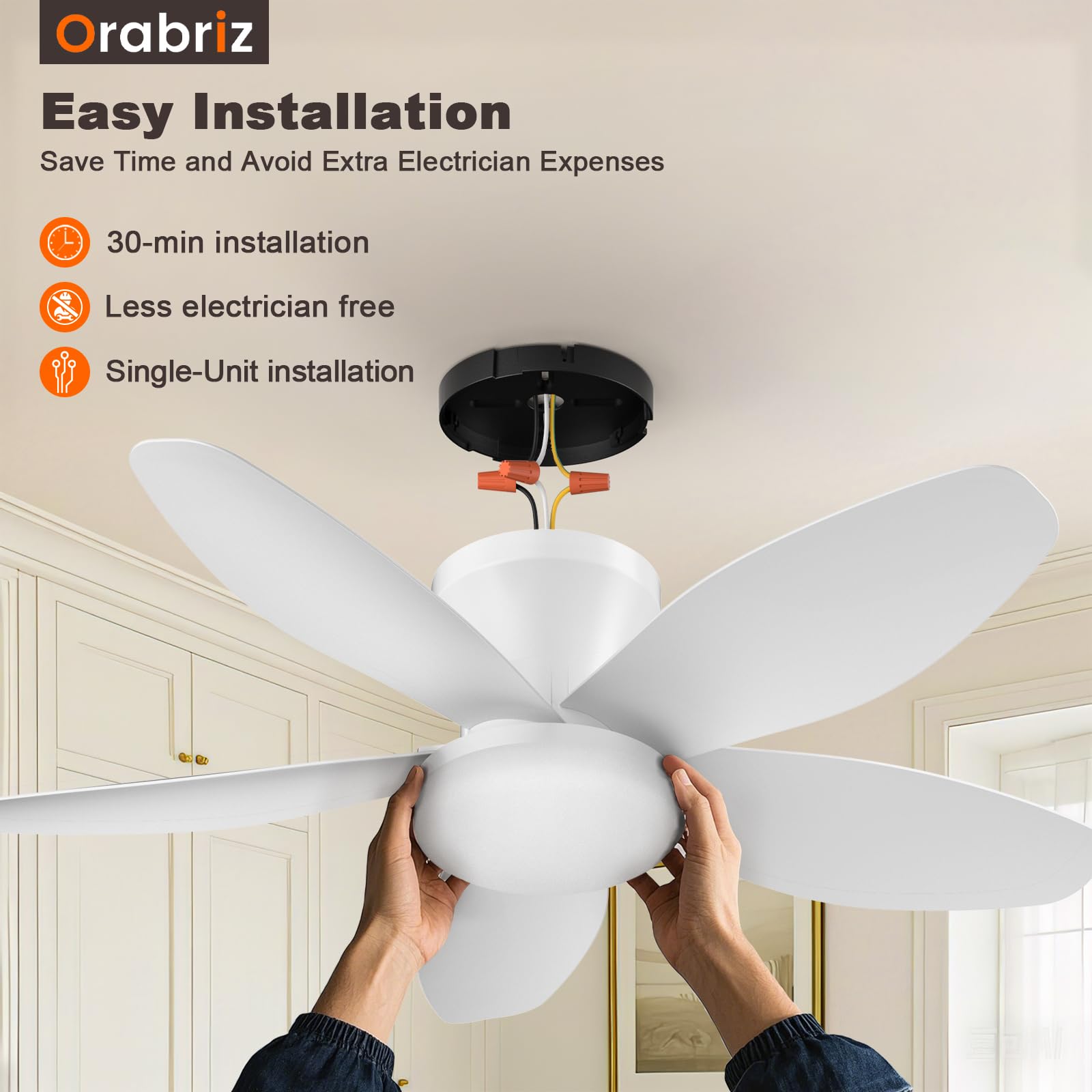 Orabriz 35 Inch Ceiling Fan with Lights and Remote Control,Quiet 6 Speeds Wind Modern Low Profile Fan Light with DC Reversible Motor, Dimmable Ceiling Fan for Bedroom Room Indoor/Outdoor Use, White