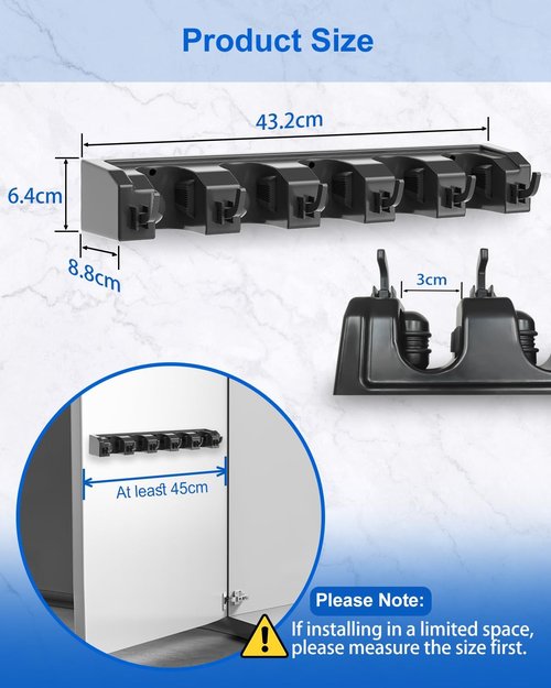 AceMining Broom Holder - Wall Mounted Storage with 5 Holders & 6 Hooks | Durable ABS Plastic, Black