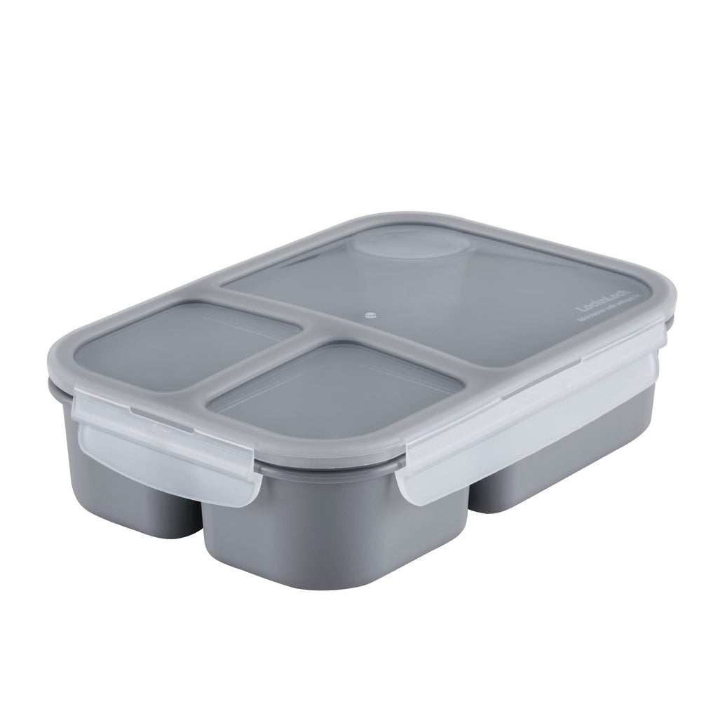 LocknLock LOCK & LOCK On the Go Meals Three Compartment Divided Lunch Box Container with Sauce Cup for School or Work, 50.7-Ounce, Gray
