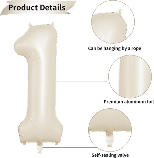 Beige 40-Inch Number 1 Balloon by [Brand Name] - Giant Cream Foil Balloon for 1st Birthday Party Decorations