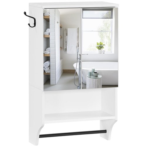 MAHANCRIS Bathroom Wall Cabinet with Mirror, Medicine Cabinet with 2 Door and Adjustable Shelf, Wall Mounted Over The Toilet Storage Cabinet with Towel Bar for Bathroom Laundry Room Kitchen, White