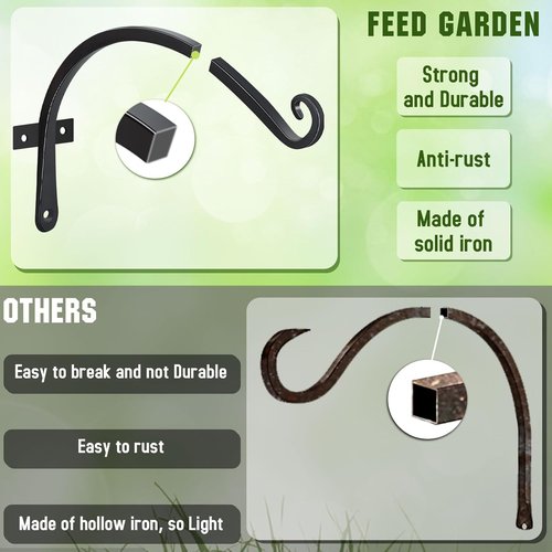 Feed Garden 12-Inch Decorative Hanging Plant Brackets - 2 Pack Wall Hooks for Outdoor Use | Black