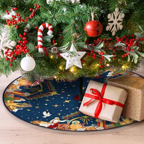 Religious Jesus Nativity Scene Christmas Tree Skirt 36 Inch Navy Blue Holiday Decor