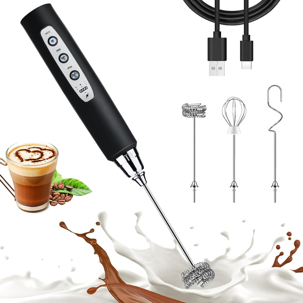Nahida Black Milk Frother Wand - Handheld Electric Whisk Mixer with 3 Heads & 3 Speeds for Latte, Cappuccino, Hot Chocolate