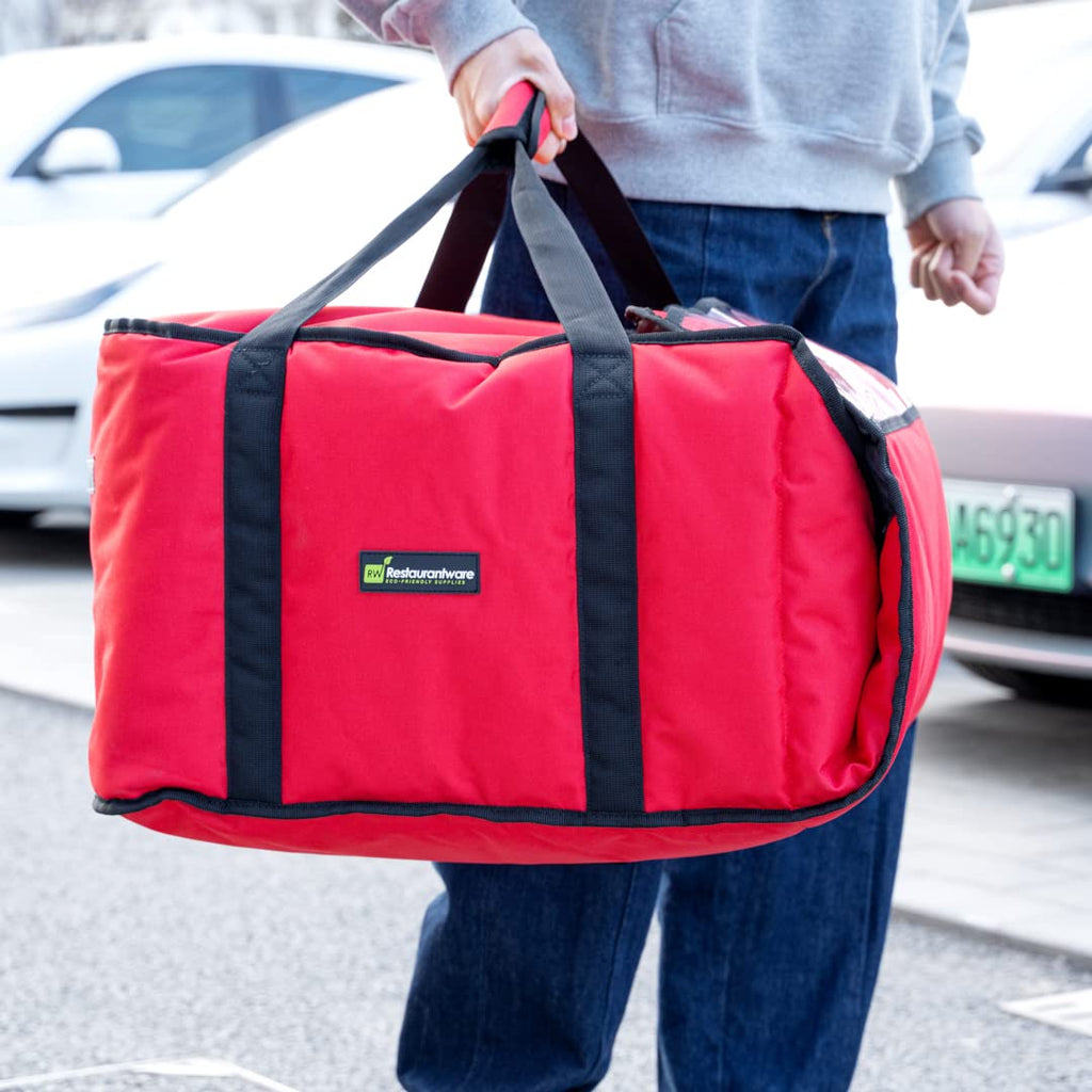 Restaurantware-Delivery Tek 19.5 x 19.5 x 12.5 Inch Insulated Pizza Bag, 1 Durable Delivery Bag - Holds (5) 18" or (6) 16" Pizza Boxes, Machine Washable, Red Polyester, Extra-Large Flap