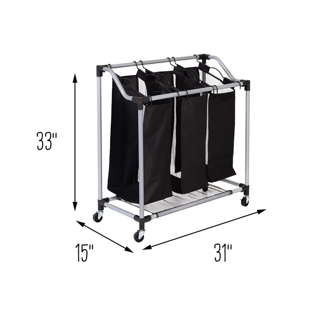 Honey-Can-Do Triple Laundry Sorter with Mesh 3 Bags, Steel/Black, 30.75" x 15" x 32.75"