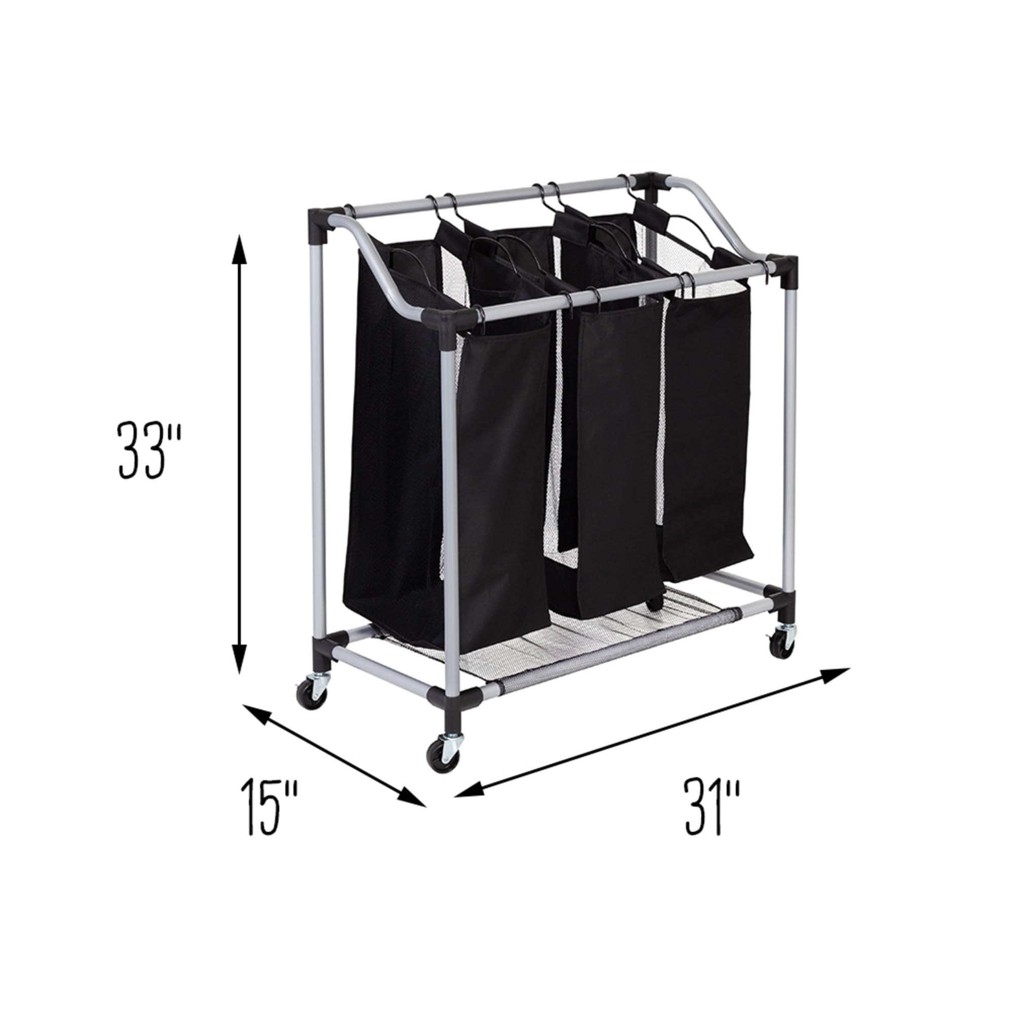 Honey-Can-Do Triple Laundry Sorter with Mesh 3 Bags, Steel/Black, 30.75" x 15" x 32.75"