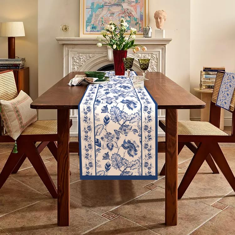 WRAPAHOLIC Blue Floral Table Runner - 13 x 72 Inch Linen Farmhouse Decor