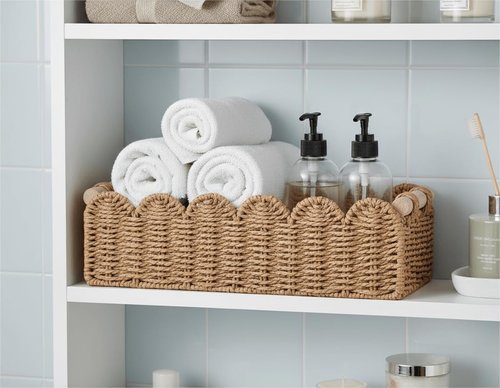 CubesLand Toilet Paper Storage Basket - Scalloped Edge Design with 2 Wooden Handles | Neutral Color, Small Size