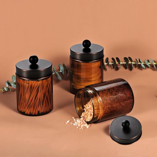 Amber Glass Qtip Holder - Apothecary Jar Set with ORB Metal Lid | Bathroom Organizer for Cotton Swabs (3 Pack)