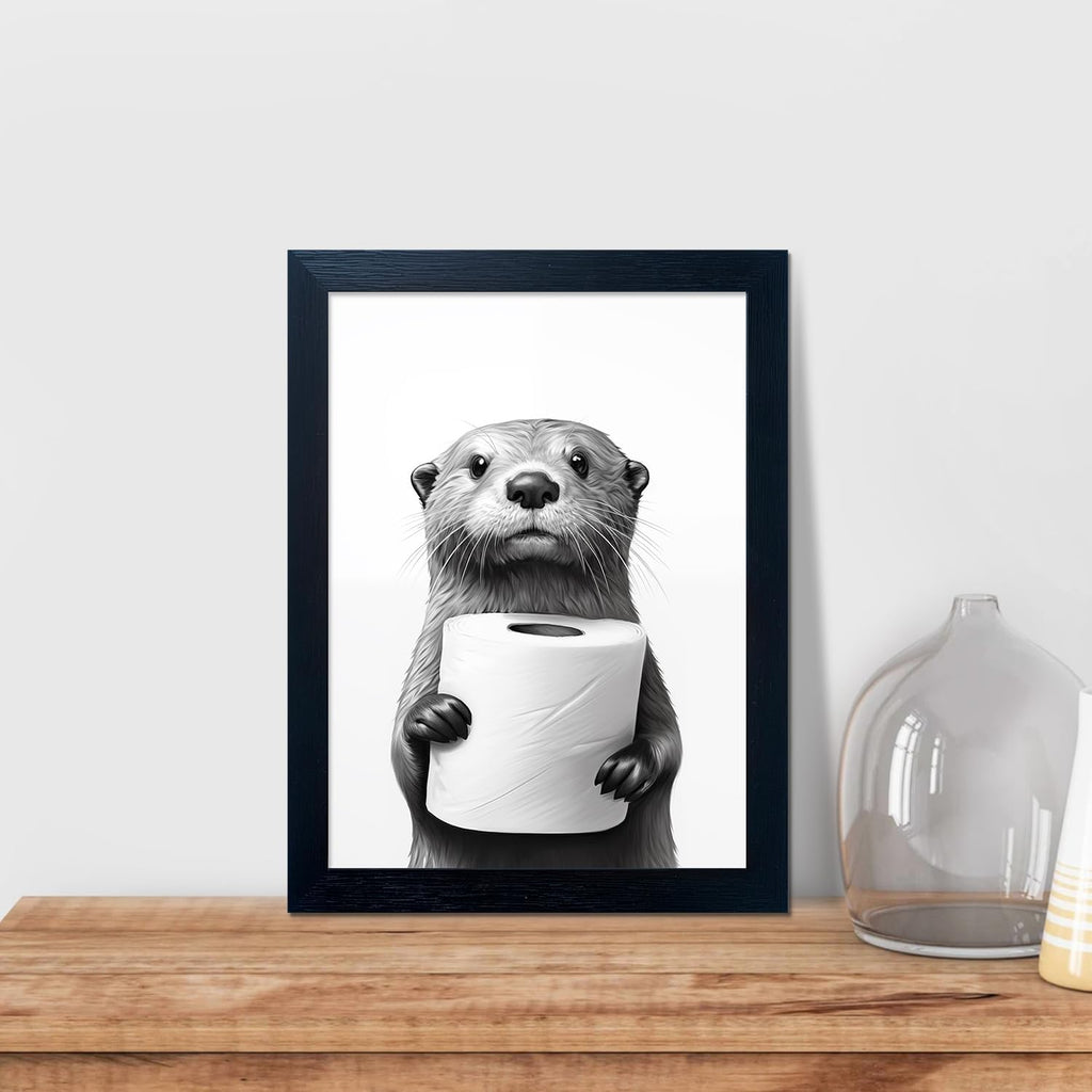 Regine Switzerland Funny Bathroom Wall Art - Framed Black and White Raccoon Canvas Print | Unique Decor