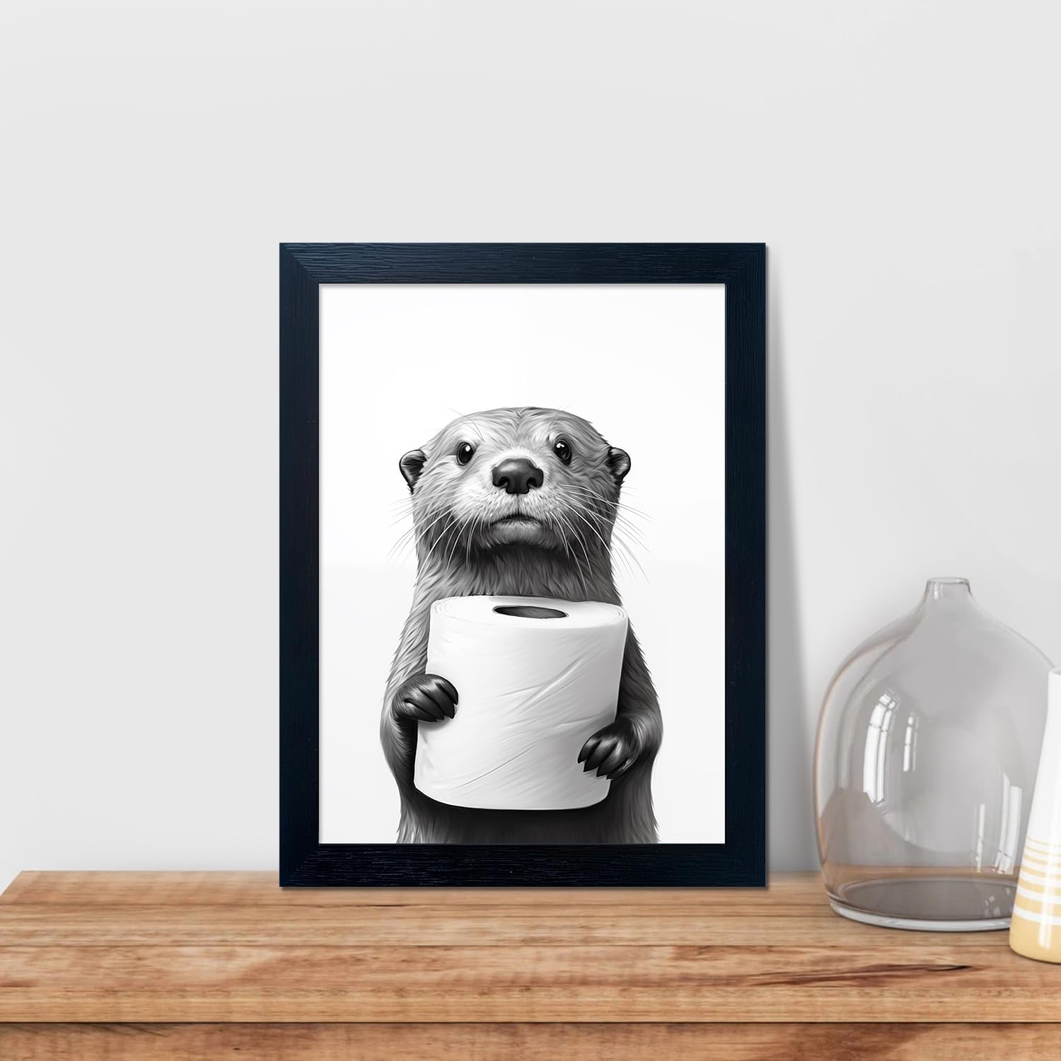 Regine Switzerland Funny Bathroom Wall Art - Framed Black and White Raccoon Canvas Print | Unique Decor