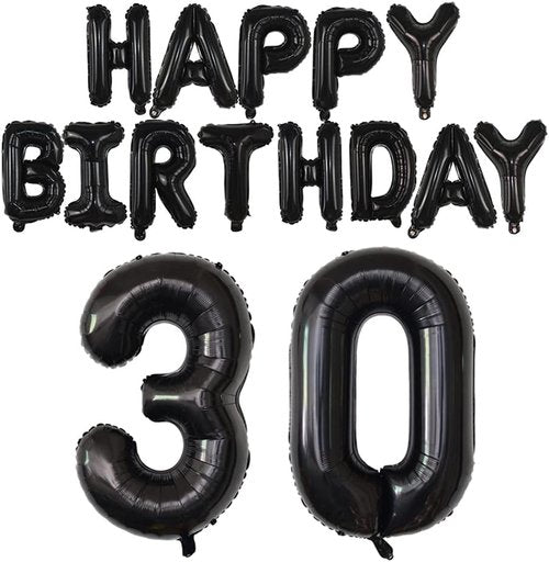 Happy Birthday Balloon Banner - 40-Inch Black Foil Mylar Balloons for 30th Birthday Celebration
