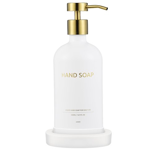 Glass Soap Dispenser Set by Janxin,Bathroom Soap Dispenser Set with Ceramic Tray,Luxury Bathroom Accessories,Modern Kitchen Decor (White+Gold(Hand Soap))