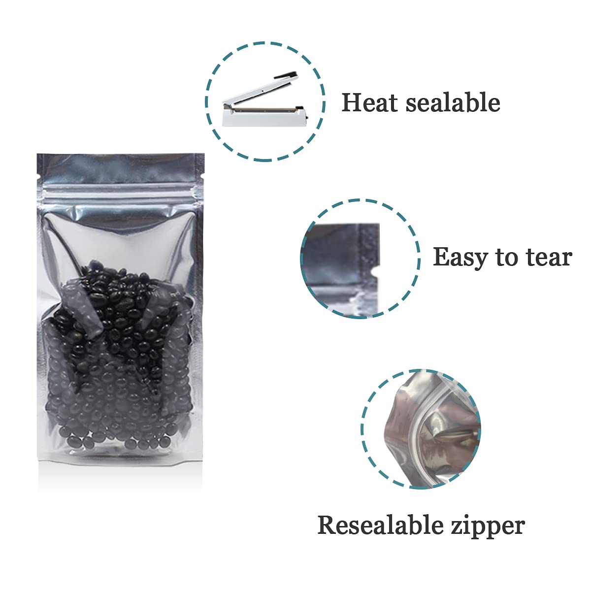 FERENLI 500 Pieces Stand Up Clear Front Resealable Aluminum Mylar Foil Plastic Packaging Bag Zipper Heat Sealable with Tear Notch Long Term Food Storage 3.9x5.9 inch