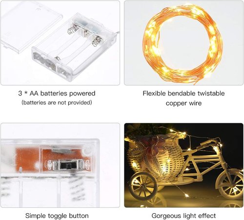 Ariceleo LED Fairy Lights - Battery Operated Copper Wire String Lights | 5m/16ft Warm White for Bedroom, Parties, Weddings