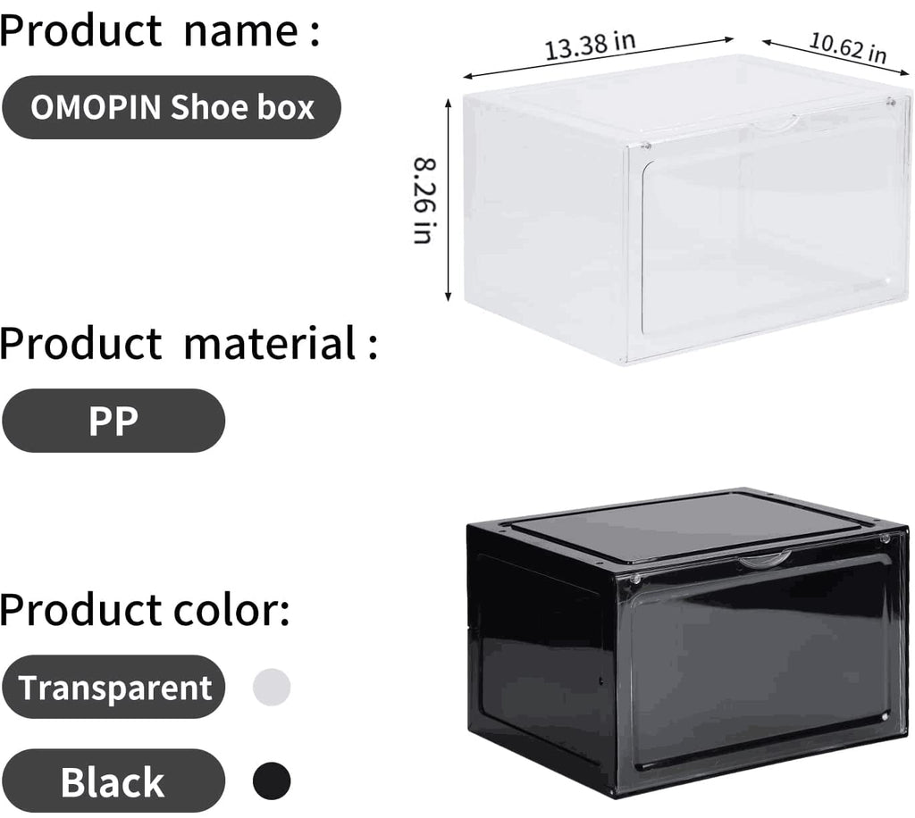 OMOPIN XL clear shoe storage boxes stackable, 8 Pack Large Shoe Boxes Clear Plastic Stackable, Drop side Sneaker Container Fit Size 13 (Black 8 Pack)