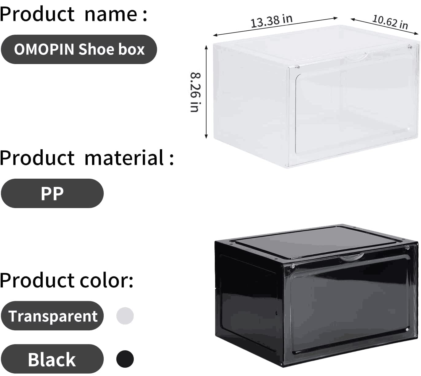 OMOPIN XL clear shoe storage boxes stackable, 8 Pack Large Shoe Boxes Clear Plastic Stackable, Drop side Sneaker Container Fit Size 13 (Black 8 Pack)