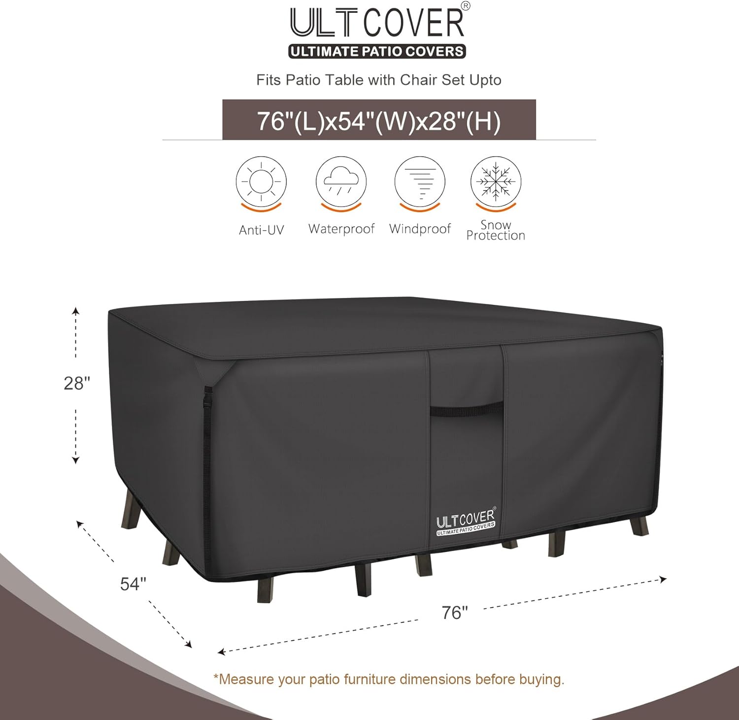 ULTCOVER Heavy Duty Rectangular Patio Table and Chair Cover - Waterproof 76" L x 54" W x 28" H, Black