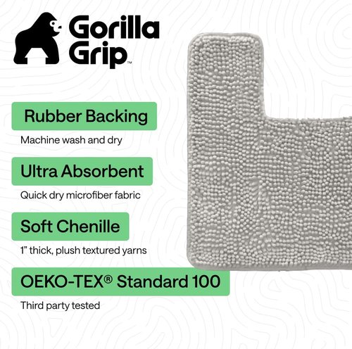 GORILLA GRIP Plush Chenille Bath Rug Mat - Absorbent & Soft Microfiber for Square Toilet Base | Light Gray