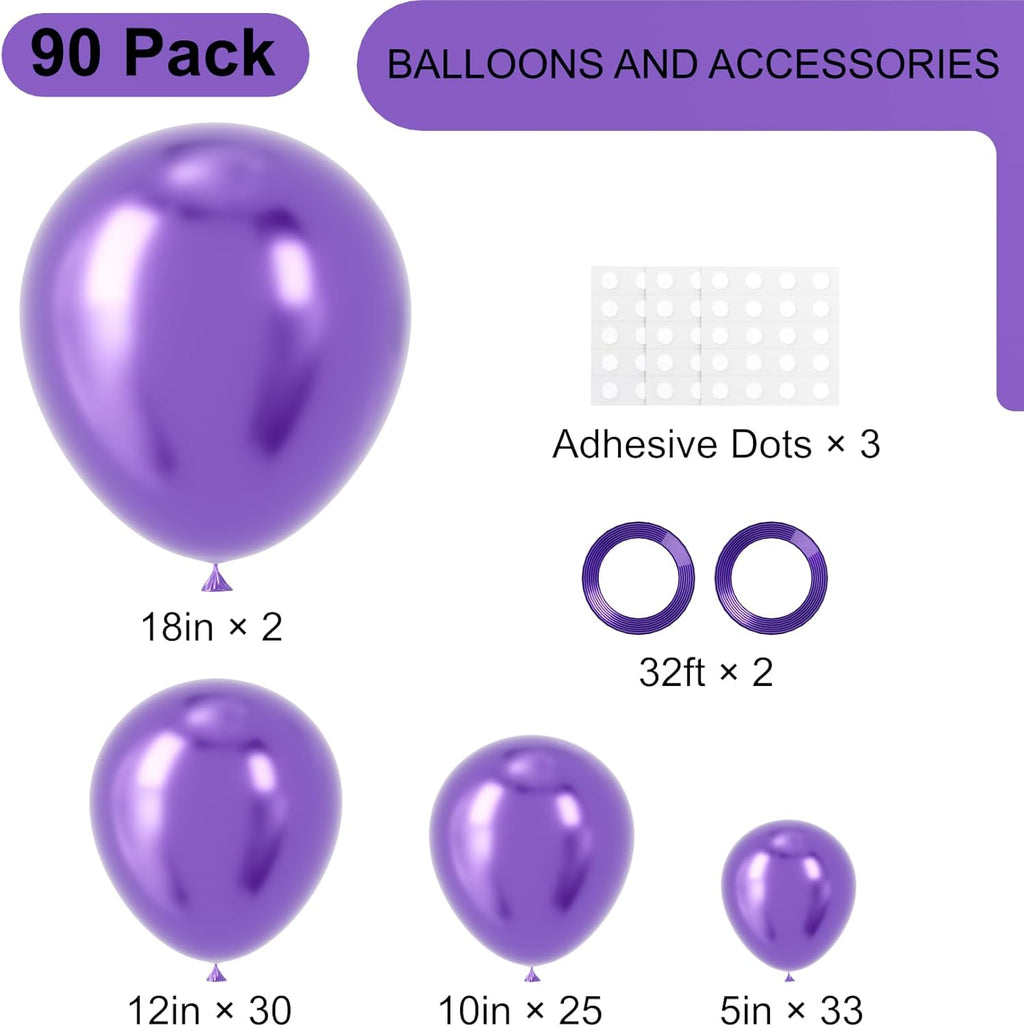 Voircoloria Metallic Purple Balloon Garland Kit - 90-Pack in Various Sizes for Graduation, Weddings & Parties