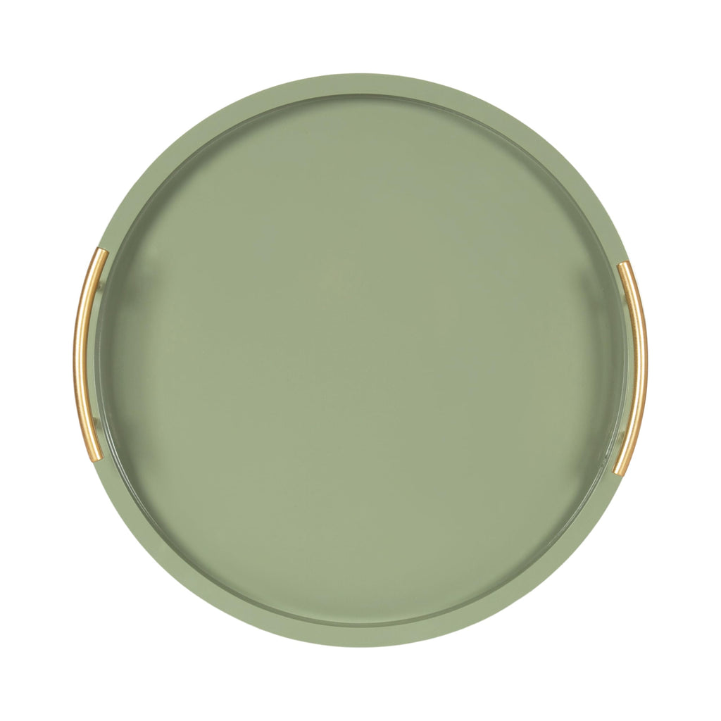 Kate and Laurel Halsey Decorative Wooden Round Tray with Polished Metal Handles, 16 Inch Diameter, Sage Green and Gold, Modern Glam Circle Serving Tray for Use as Ottoman Topper or Coffee Table Accent