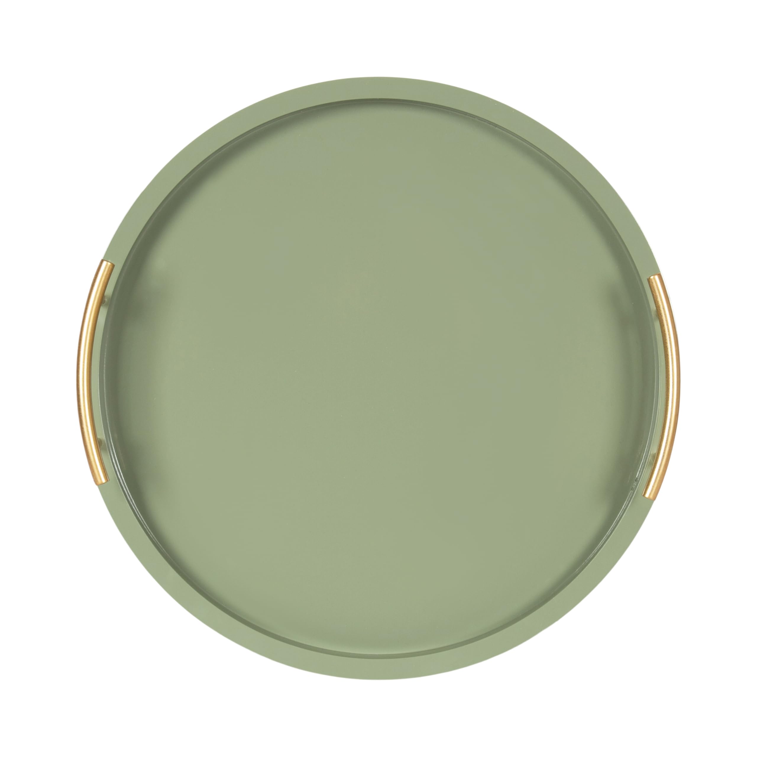 Kate and Laurel Halsey Decorative Wooden Round Tray with Polished Metal Handles, 16 Inch Diameter, Sage Green and Gold, Modern Glam Circle Serving Tray for Use as Ottoman Topper or Coffee Table Accent