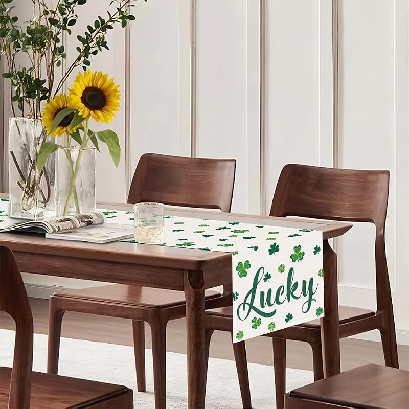 St. Patrick's Day Table Runner - 72x13 Inch Shamrock Linen Decor