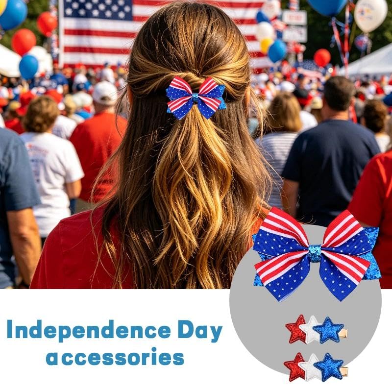 Patriotic 4th of July Bow Hair Clips Set - Red White and Blue American Flag Hairpins (3 Pcs)