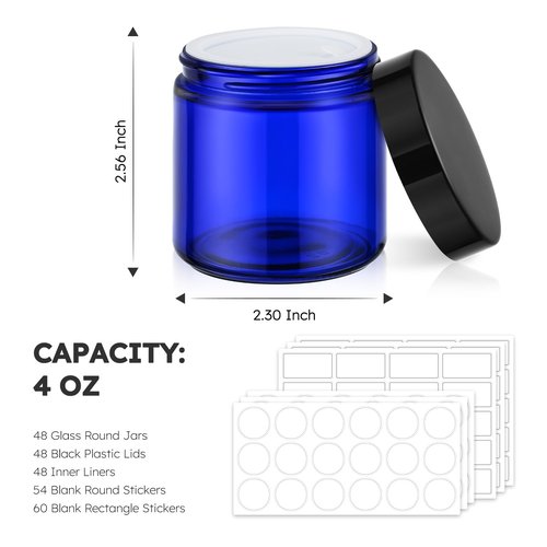 Tecohouse 4 oz Glass Jars with Lids, 48 Pack Blue Cream Canning Mason Jars with Lids, White Labels & Inner Liners, Empty Airtight Round Clear Slime Containers for Spice, Lotion, Ointments