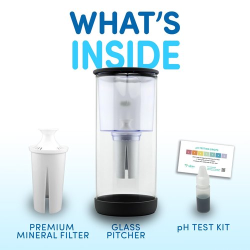 Glass Pitcher with Mineral Rich pH Balancing Filter, Sleek Glass Lid – Brita Compatible Fridge Friendly Design (Black)