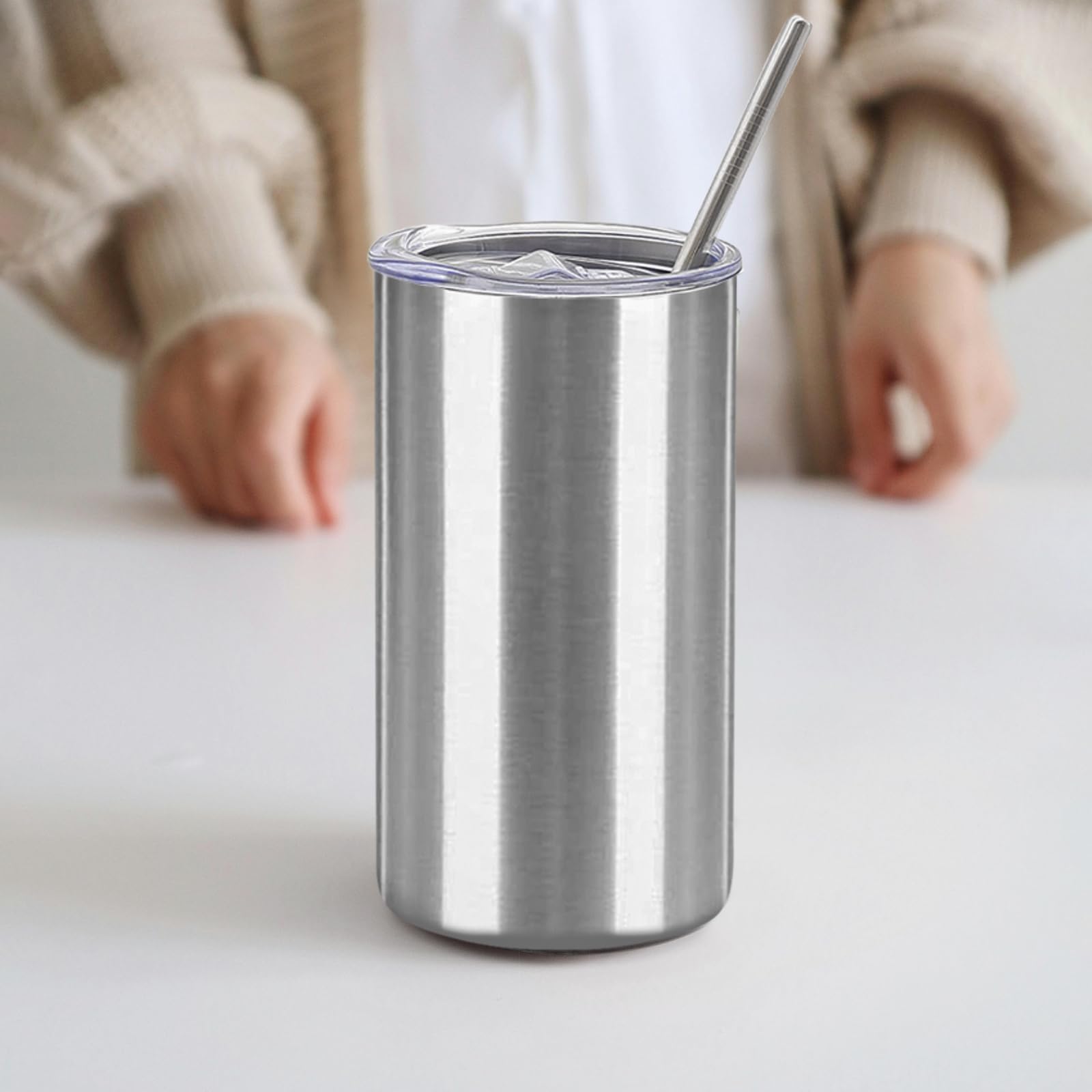 YOUKE OLA 16 Pack Tumblers Blanks Bulk Skinny Straight Tumbler Stainless Steel Double Wall Insulated Water Bottles with Lid & Straw for DIY Gift, 12oz Silver