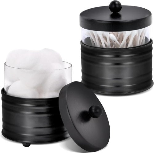 Autumn Alley Premium Black Qtip Holder - Apothecary Jars Set for Bathroom Counter | 2 Small Glass Canisters with Metal Lids