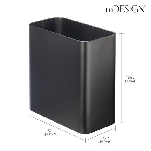 mDesign Decorative Trash Can, 12" x 6.25" x 13", Black Steel, 10 Liter/2.6 Gallon Capacity