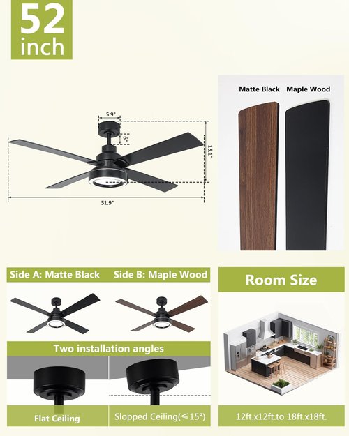Vaczon 52 Inch Black Ceiling Fan with Light and Remote, Indoor Outdoor Modern Black Ceiling Fan, 3CCT Dimmable, Reversible Motor, Dual-Sided Blades Ceiling Fans for Bedroom Living Room Patio -Upgraded